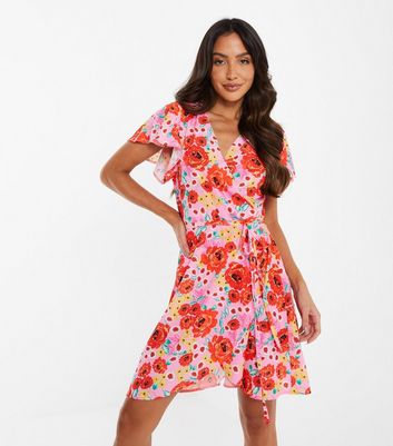 QUIZ Mid Pink Floral Wrap Skater Dress | New Look